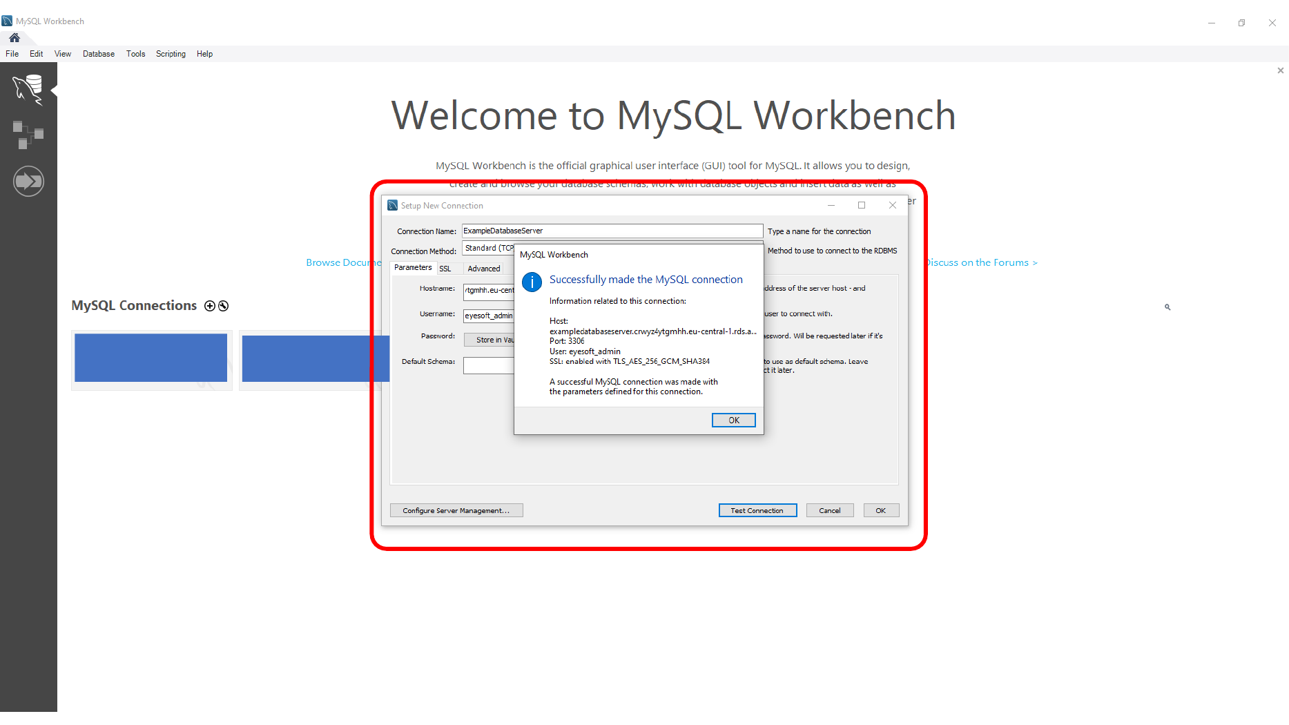 Successful MySQL Workbench connection to AWS RDS