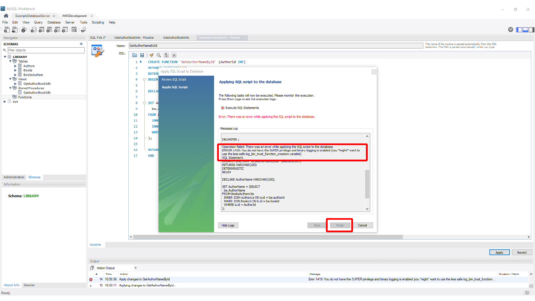 MySQL Workbench function test result