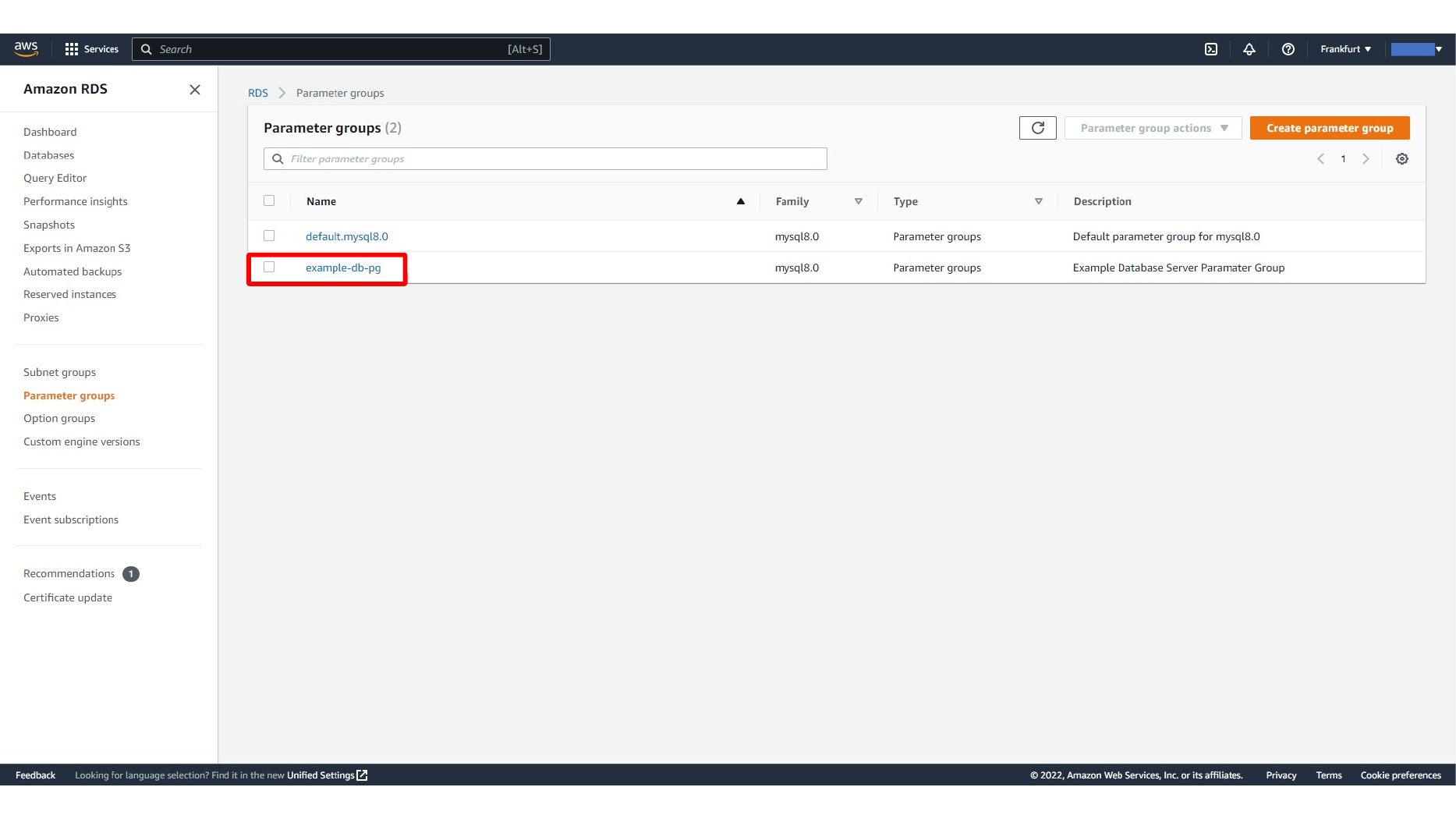 Naming the custom RDS parameter group