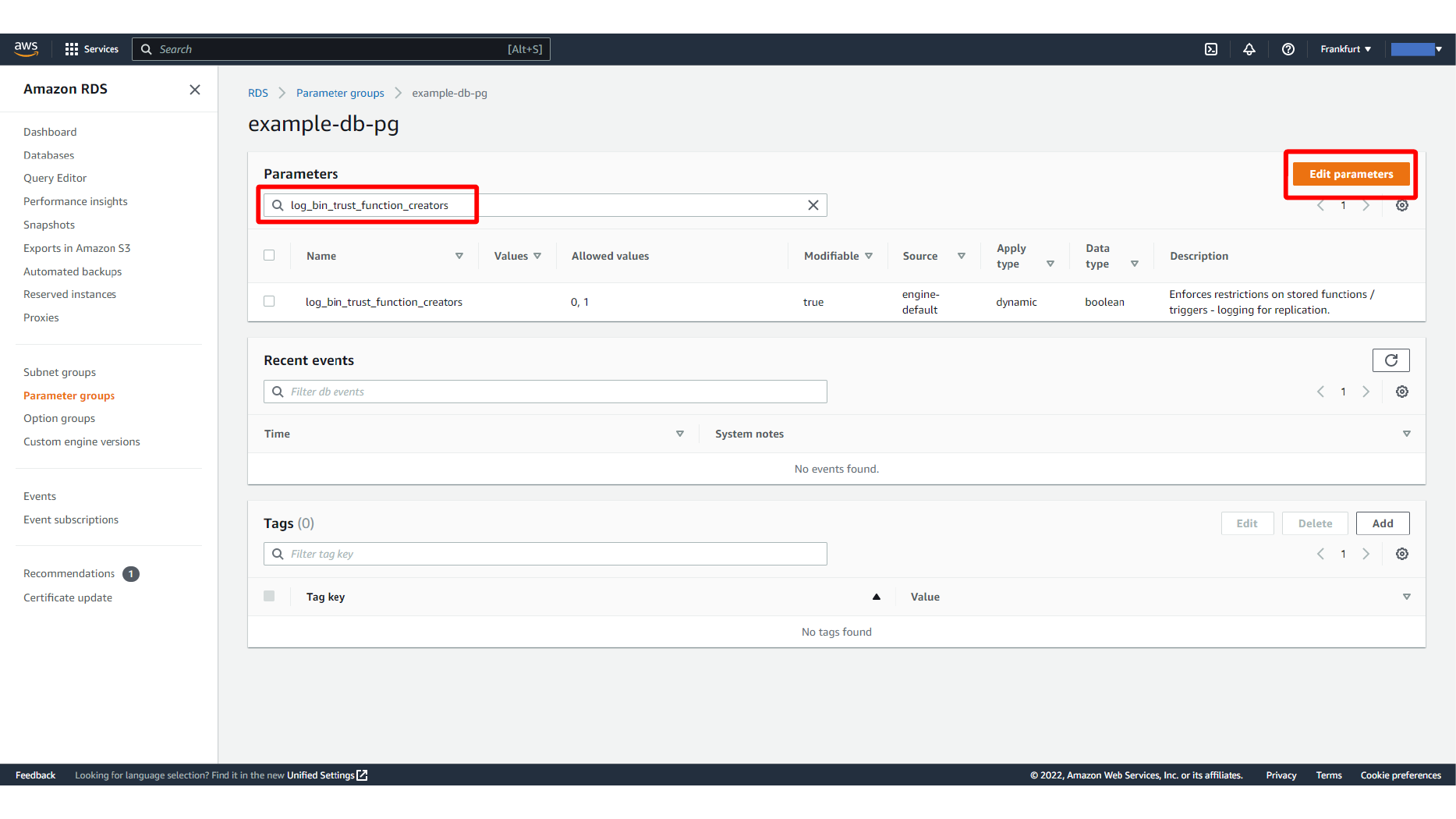 Opening parameters inside the custom group