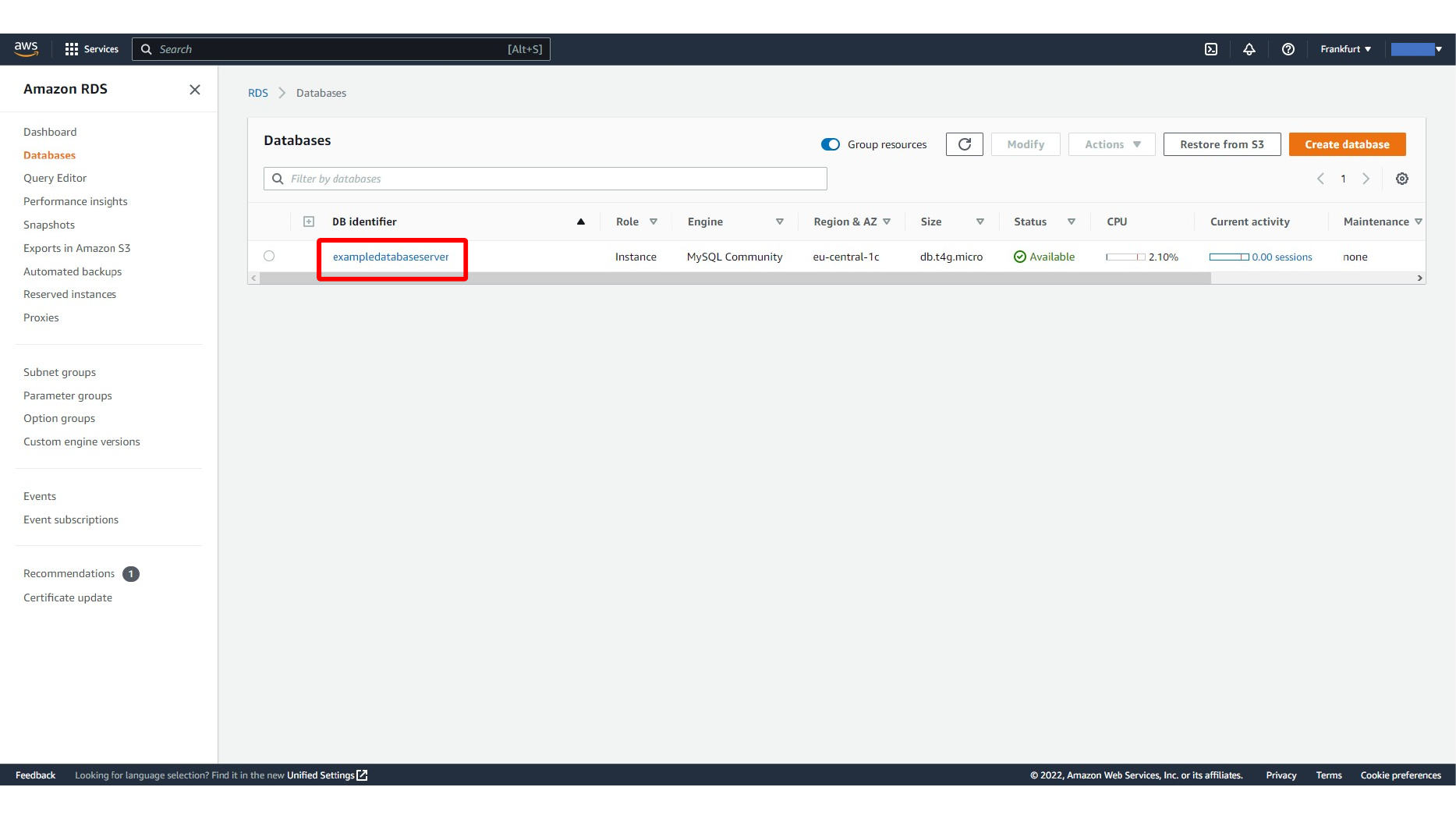 Opening the RDS database modify screen