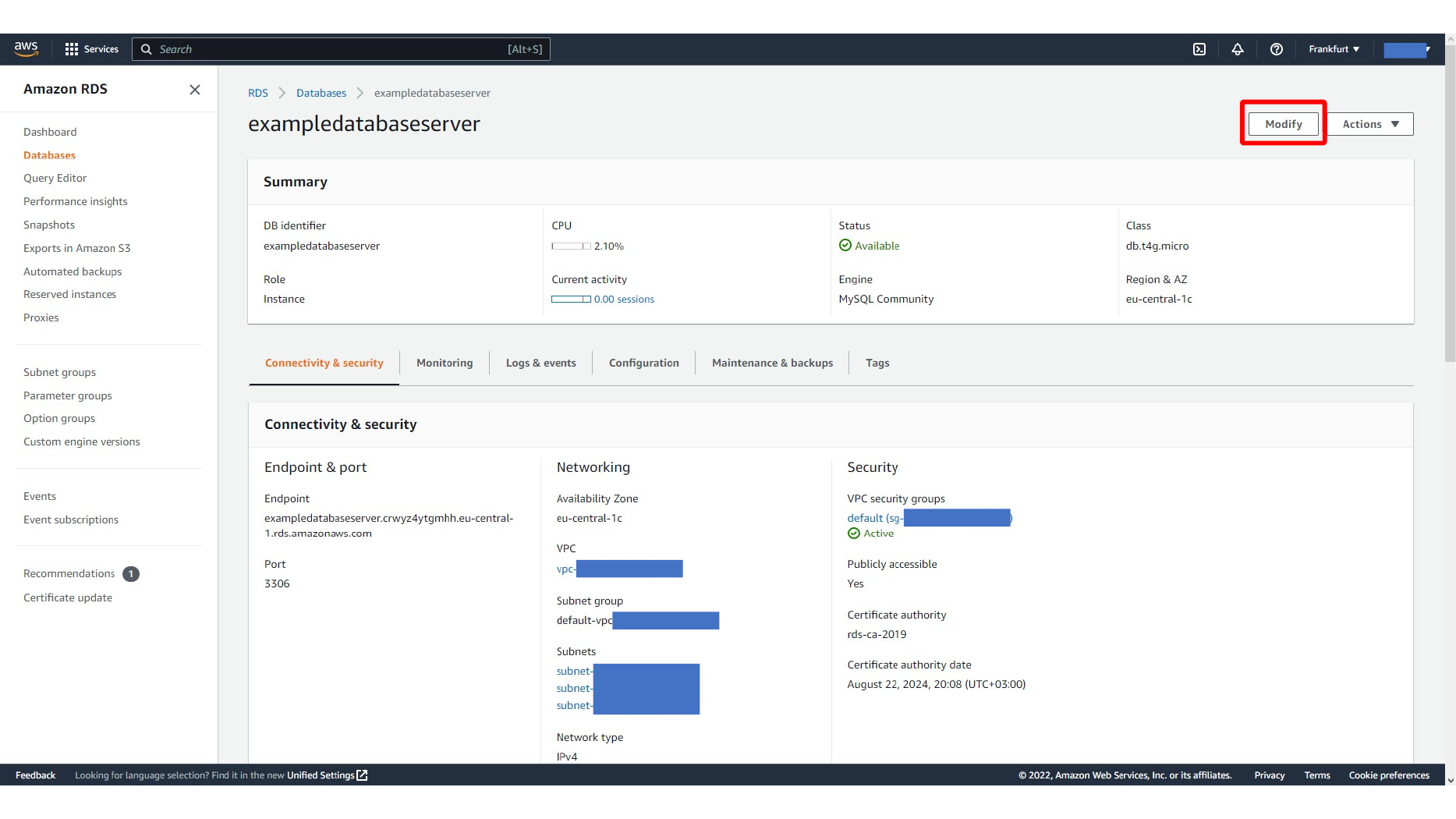 Selecting the custom parameter group for the RDS database