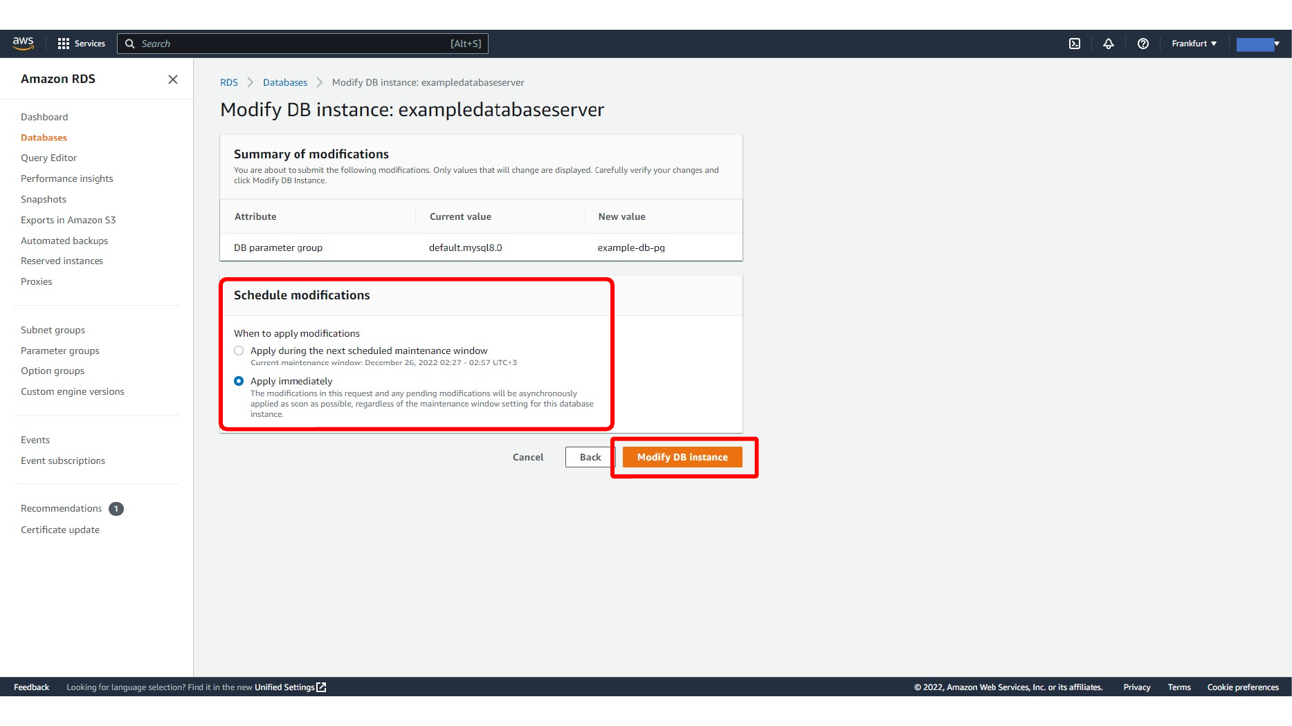 Rebooting the RDS database instance