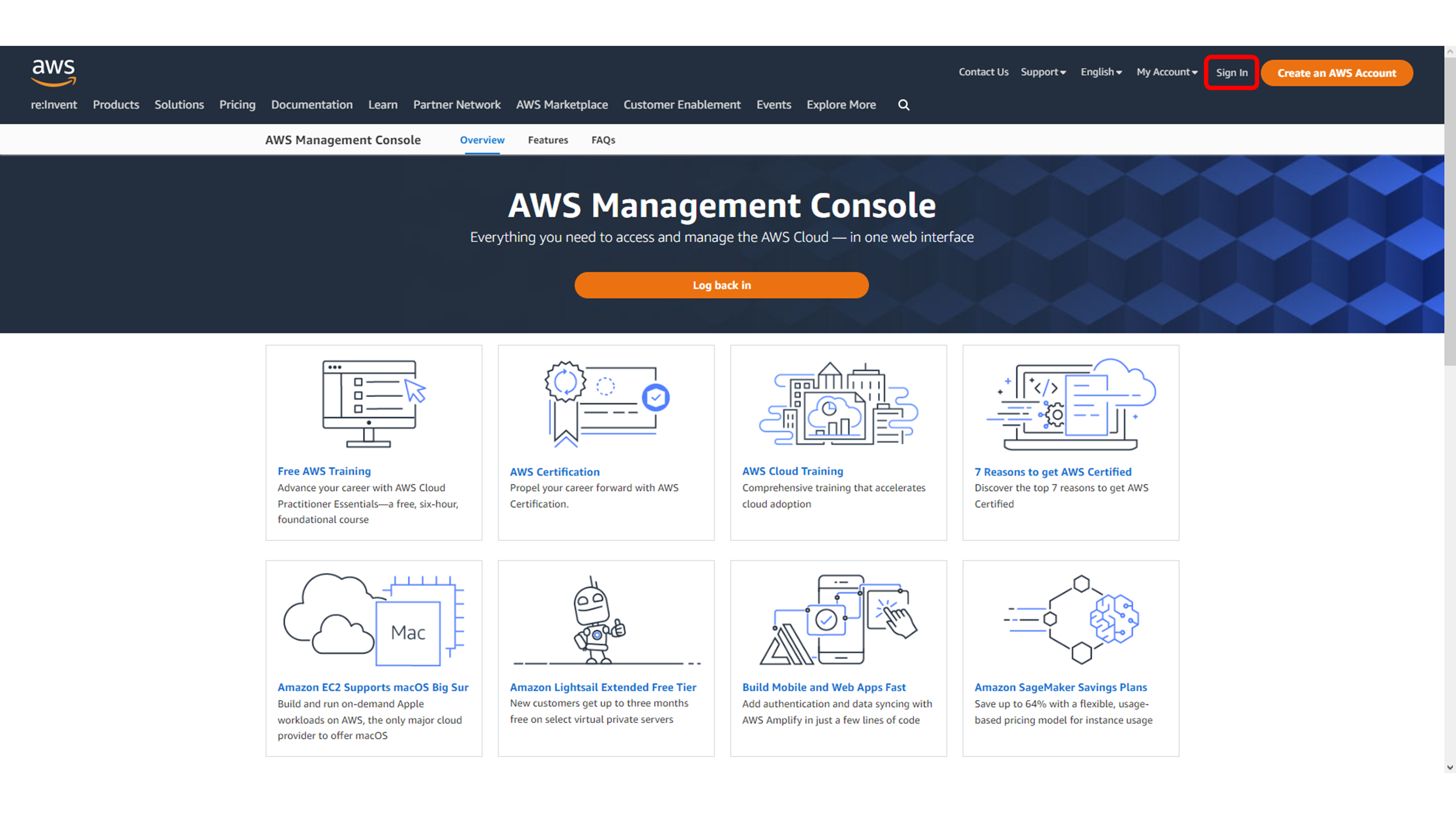 AWS Management Console home screen