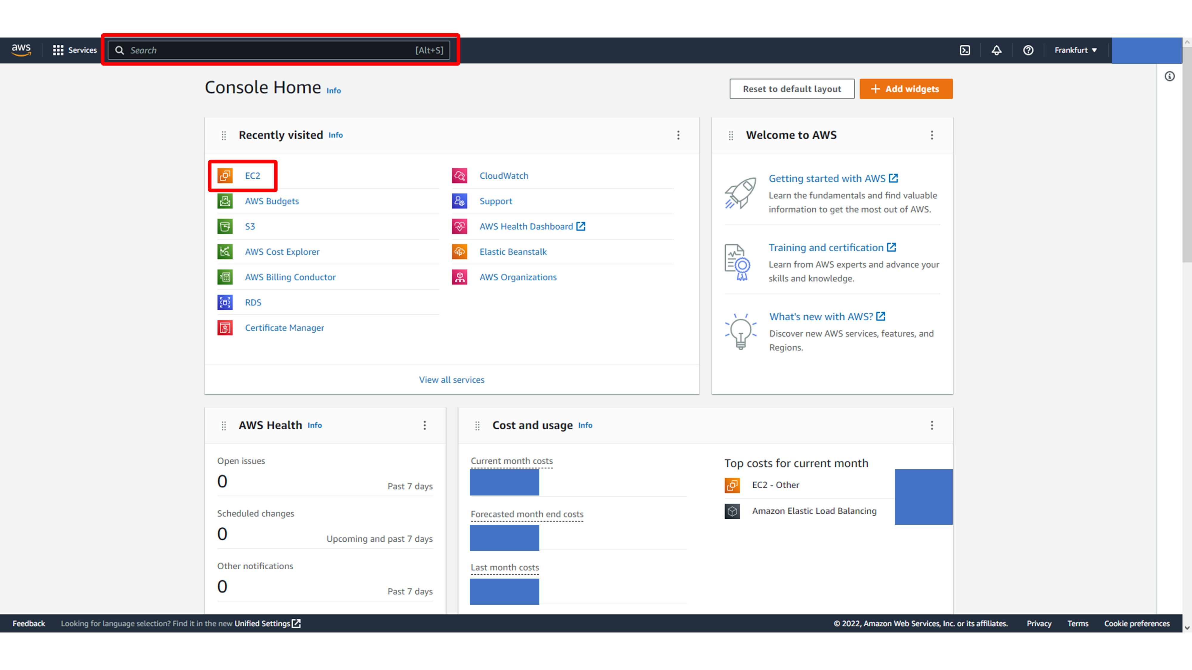 Searching for EC2 in AWS Console