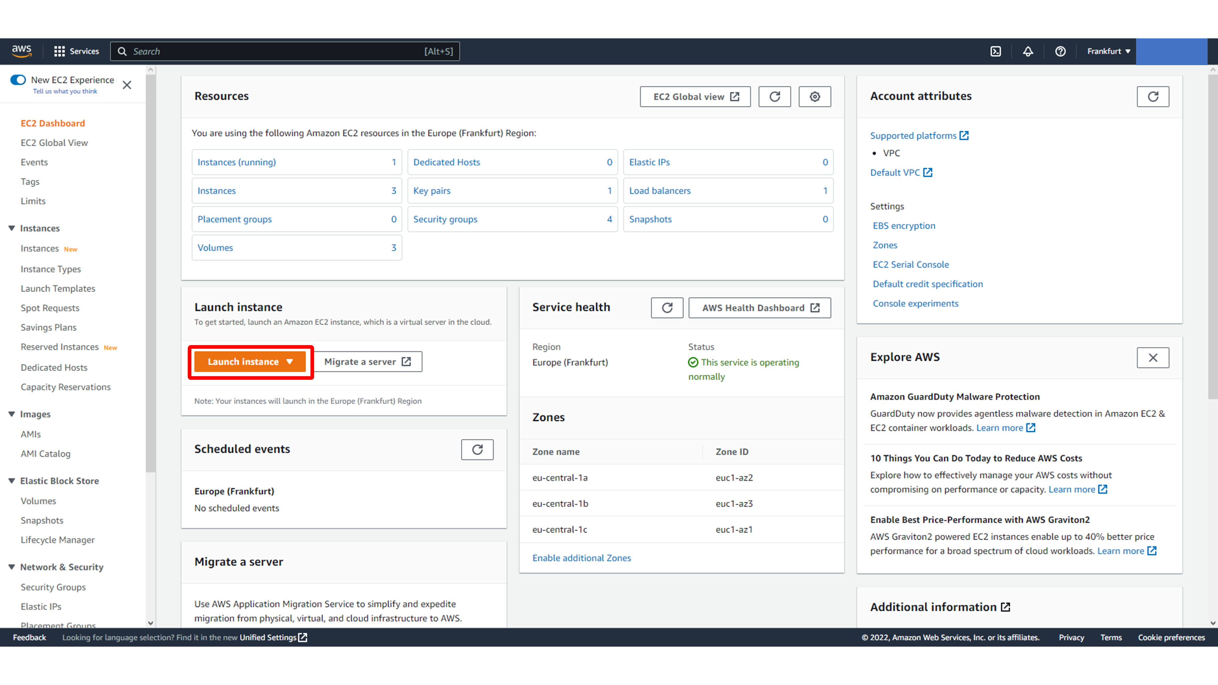 EC2 dashboard Launch instance button