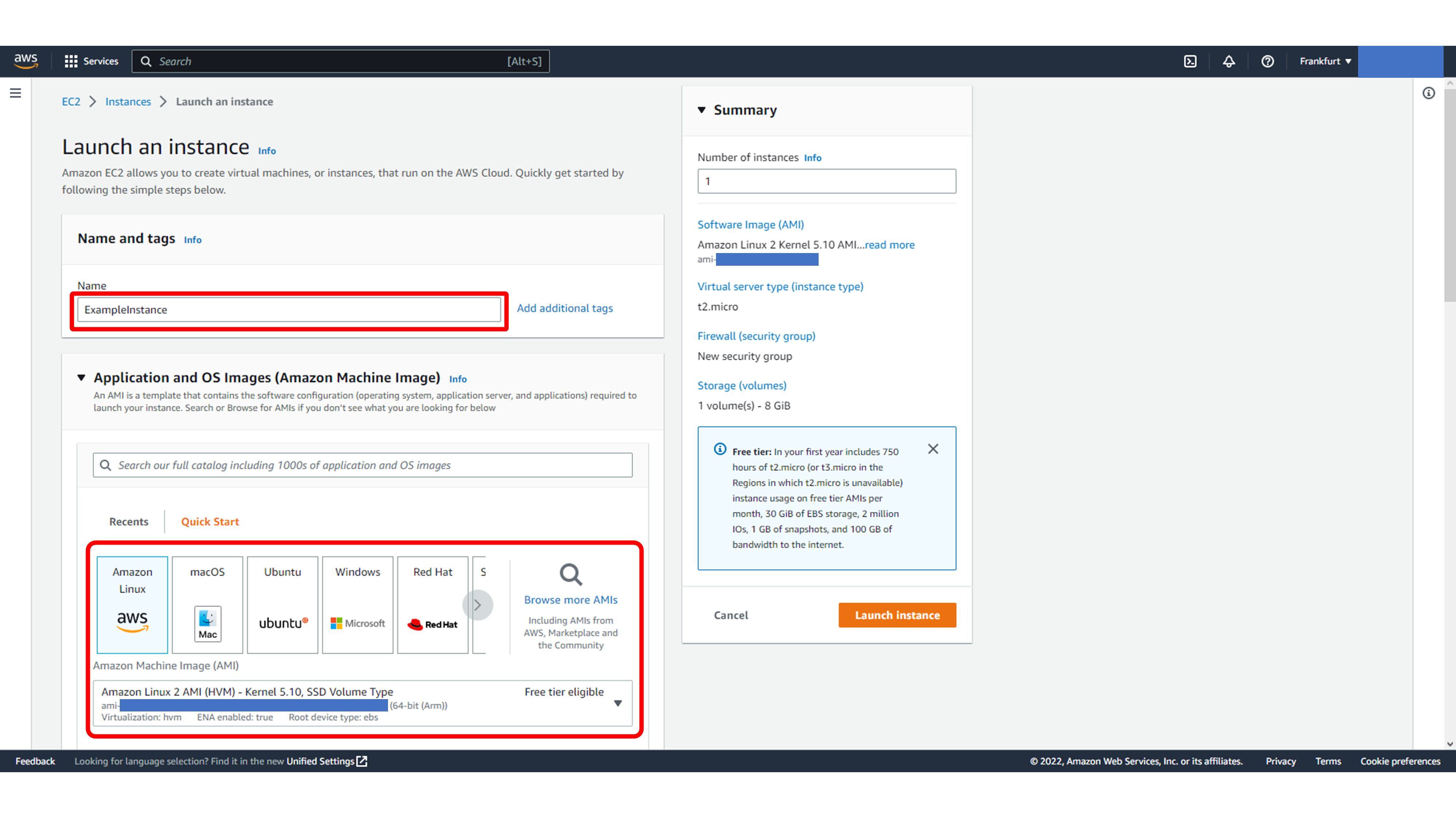 EC2 instance name and Amazon Linux image selection