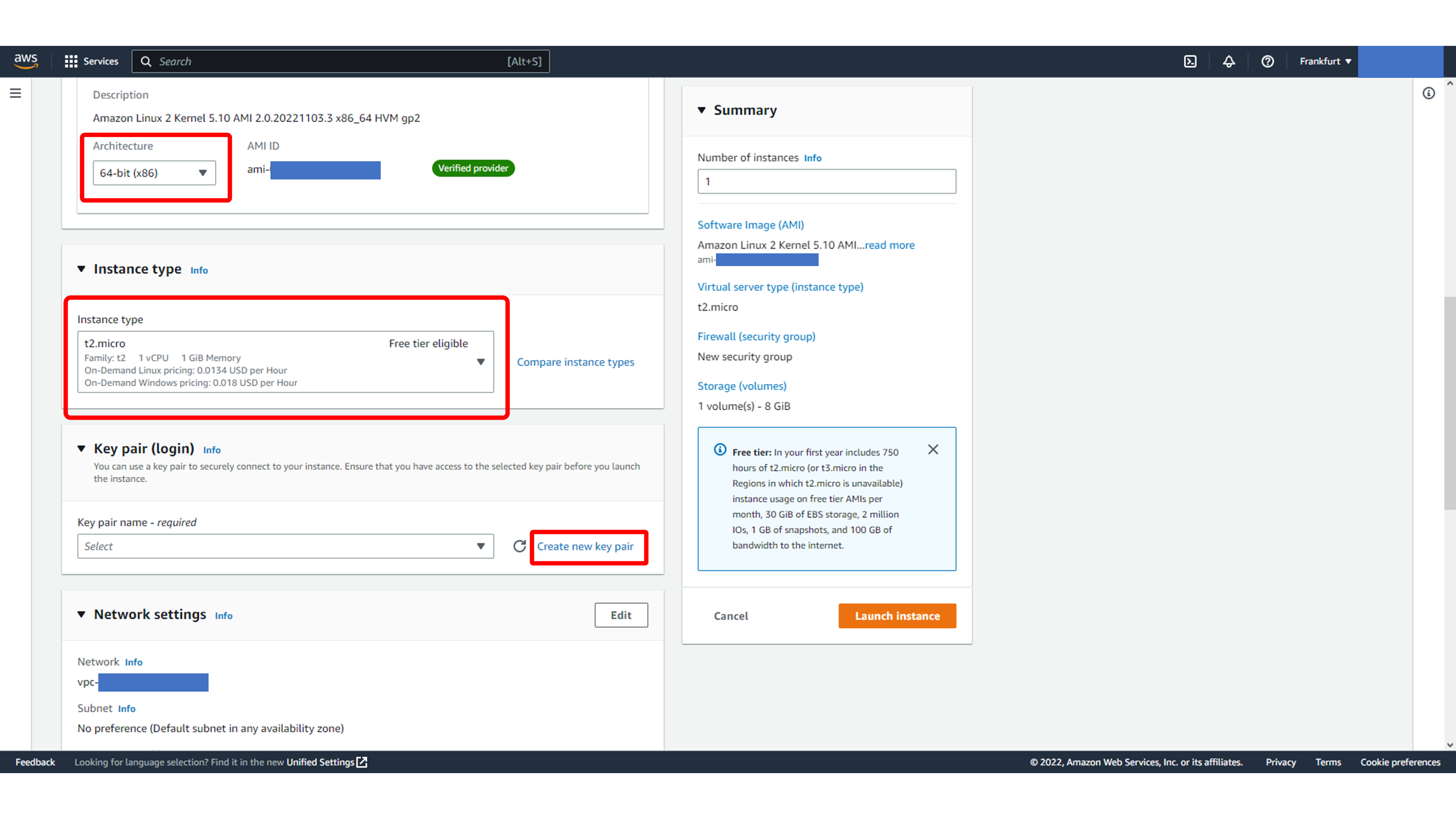 EC2 instance type and key pair selection