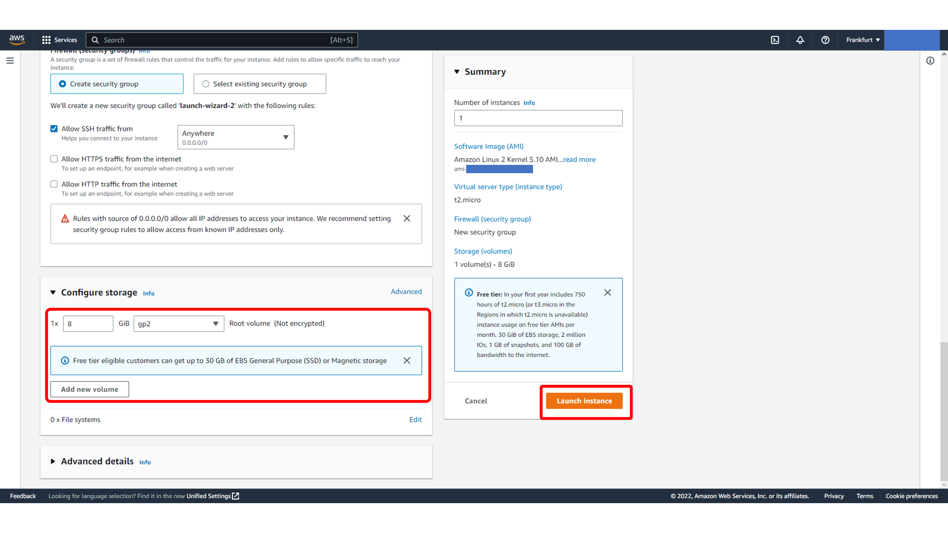 EC2 storage settings and Launch instance button
