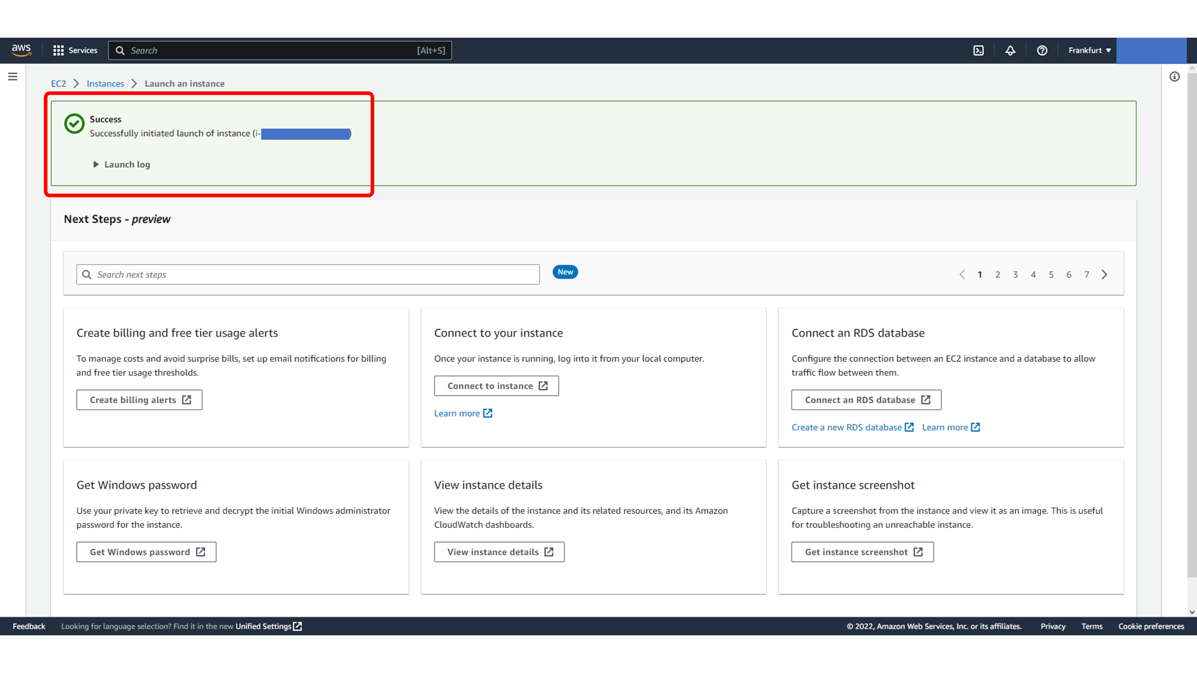 EC2 instance creation success message