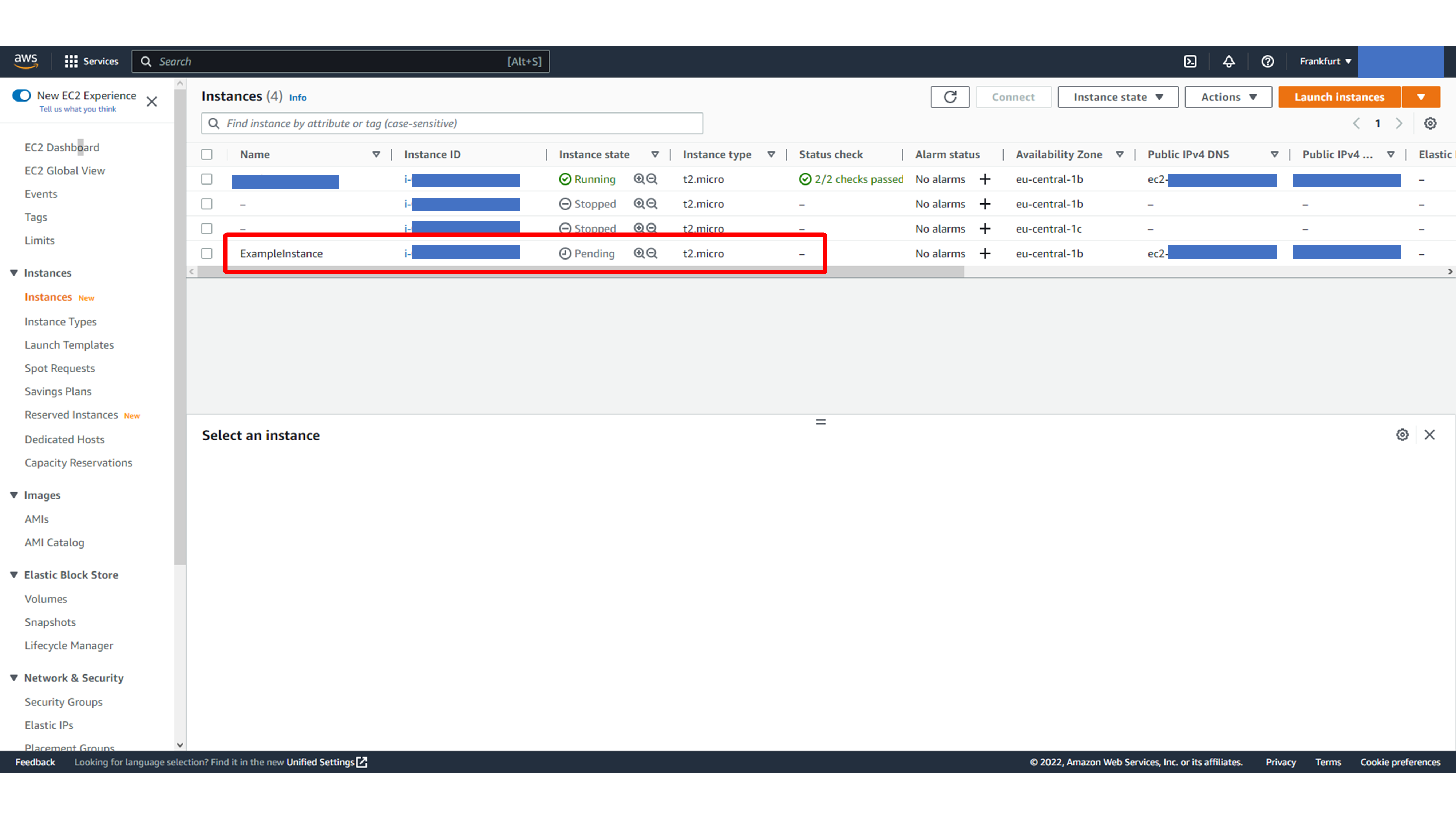 EC2 instances list with the new instance