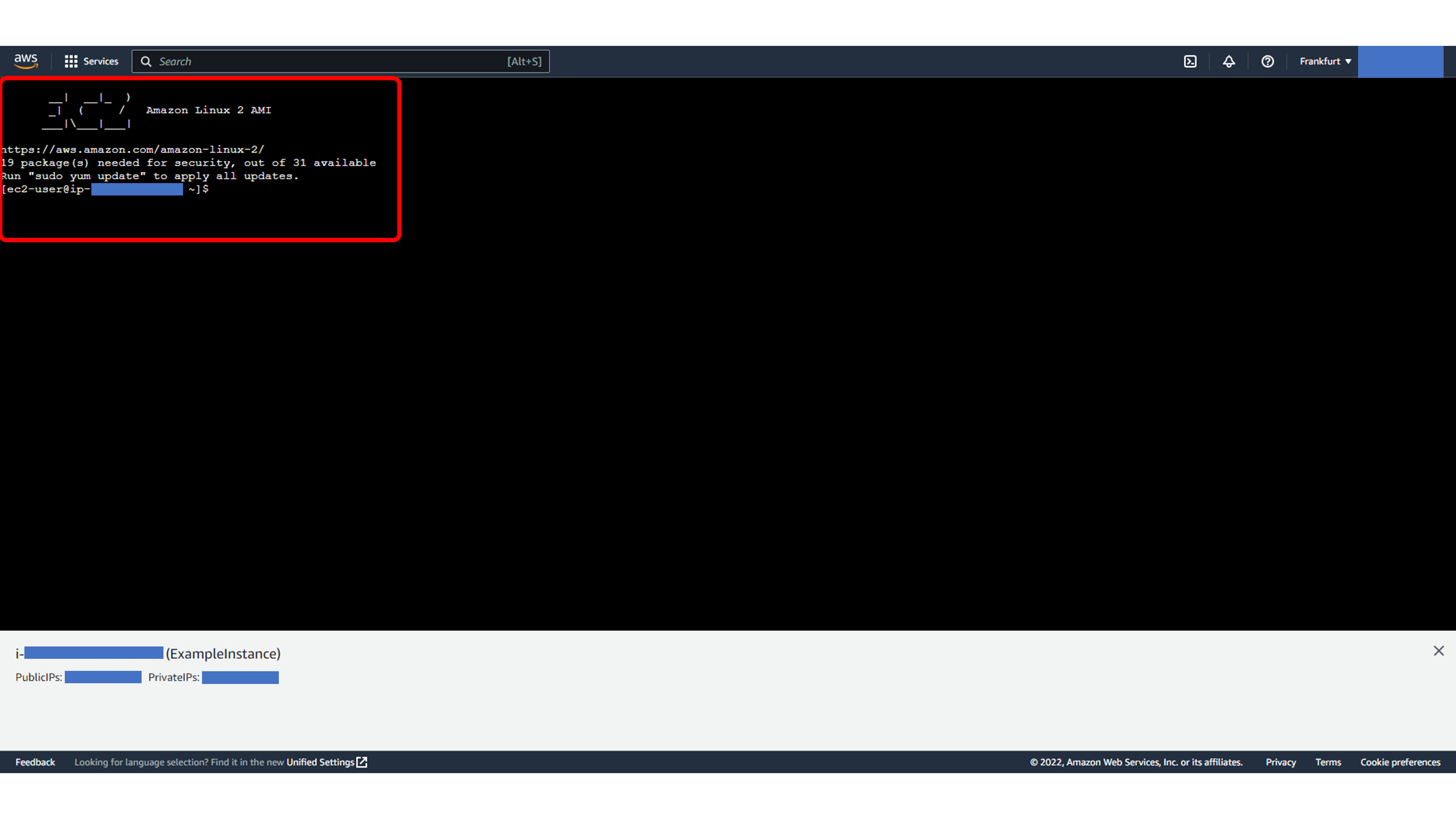 Browser terminal connected to EC2 instance