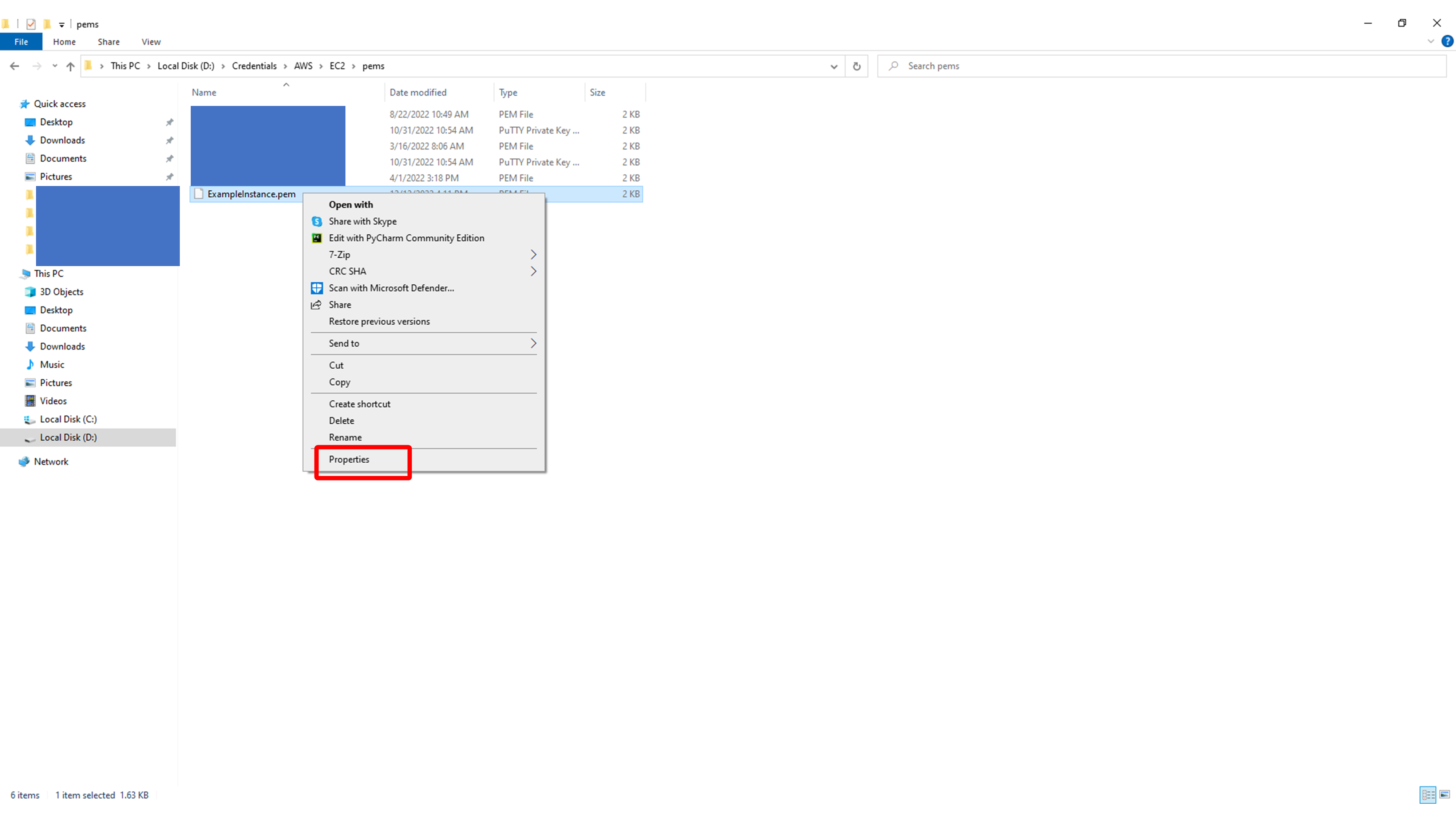 Opening PEM file Properties