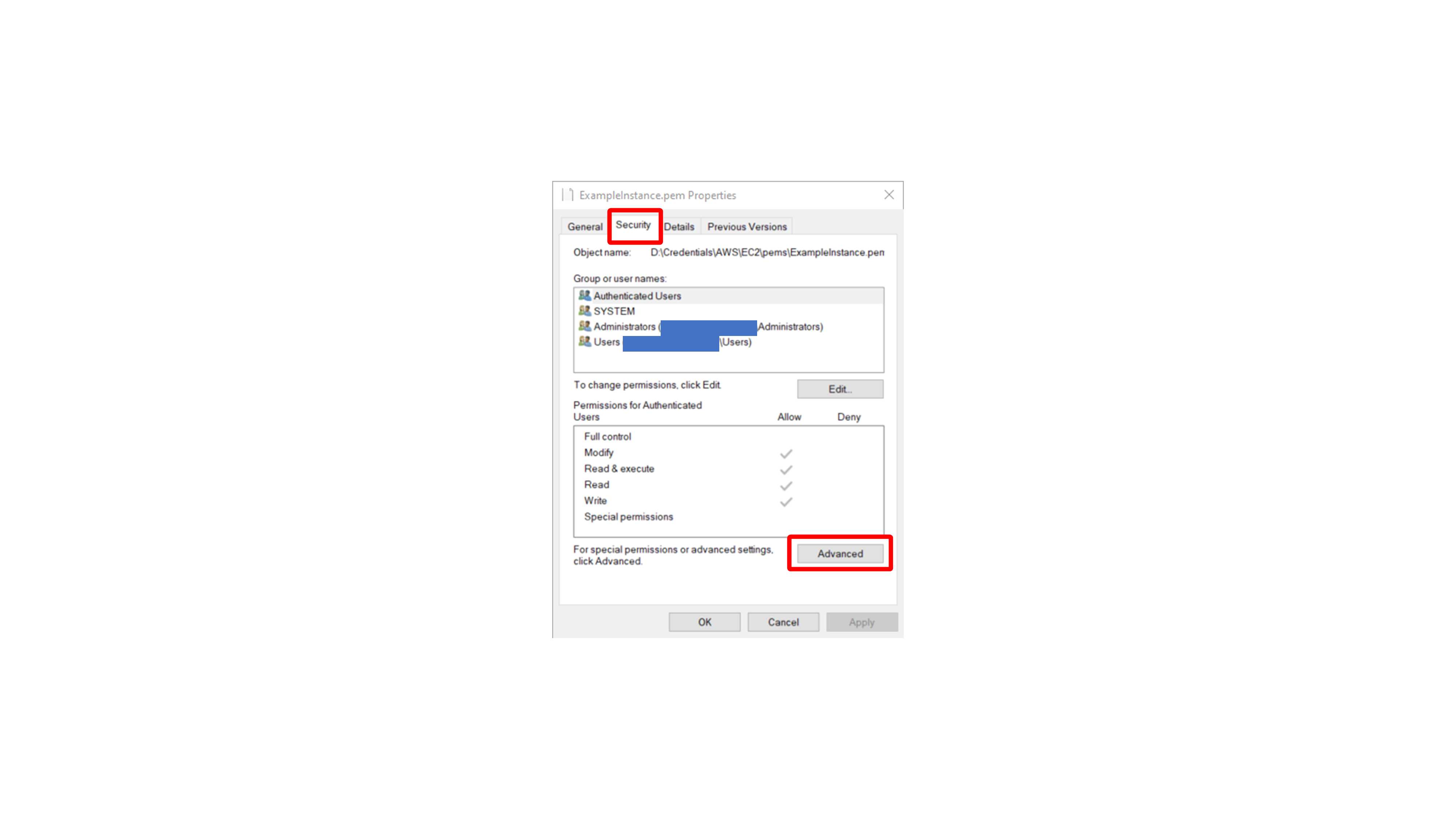 PEM file Security tab and Advanced button