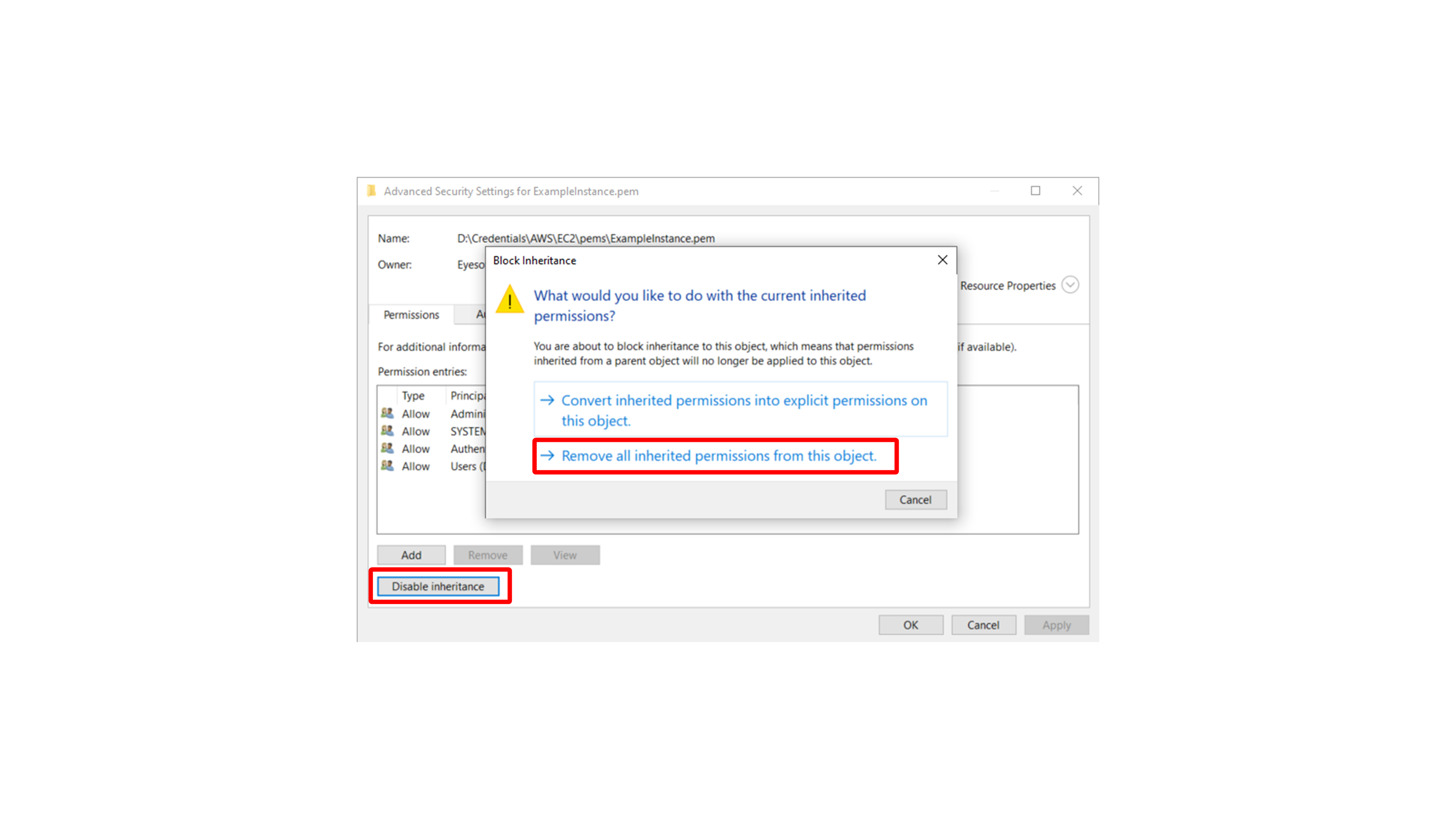 Disabling inherited permissions on the PEM file